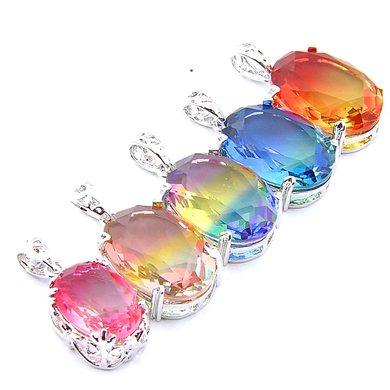 

Big Offer MIX 5 PCS Holiday Gifts Oval Cut Fire Rainbow Bi-Colored Tourmaline Gemstone Necklaces Pendants