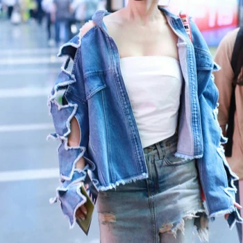 

Street Star Hole Hollow Out Distressed Denim Jacket Women Loose Boyfriend Oversize Denim Jacket Bat Long Sleeved Jean Jacket