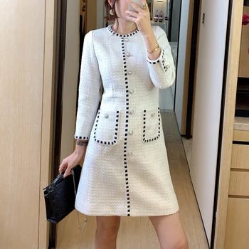 

Autumn And Winter New Style Woolen Fabric Pockets Nail Drill Long Sleeve Elegant Temperament Dress Women'S Clothing High Quality