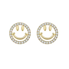 Корейские новые милые золотые серебряные серьги-гвоздики со смайликом для лица, простые круглые серьги с хрусталем цирконием для женщин и девочек