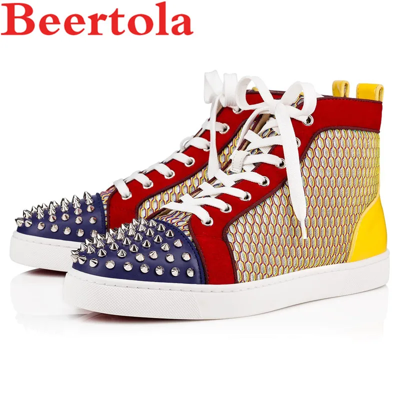 

Leather Flats Shoes Men Designer High Top Masculine Shoes Mixed Color Head Studded Spikes Autumn Casual Style Zapatillas Hombre