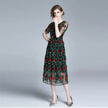 

Runway Designer Women Summer Lace Embroidery Flowers Dresses Vintage Black Long Mid-calf Party Dresses 2020 New