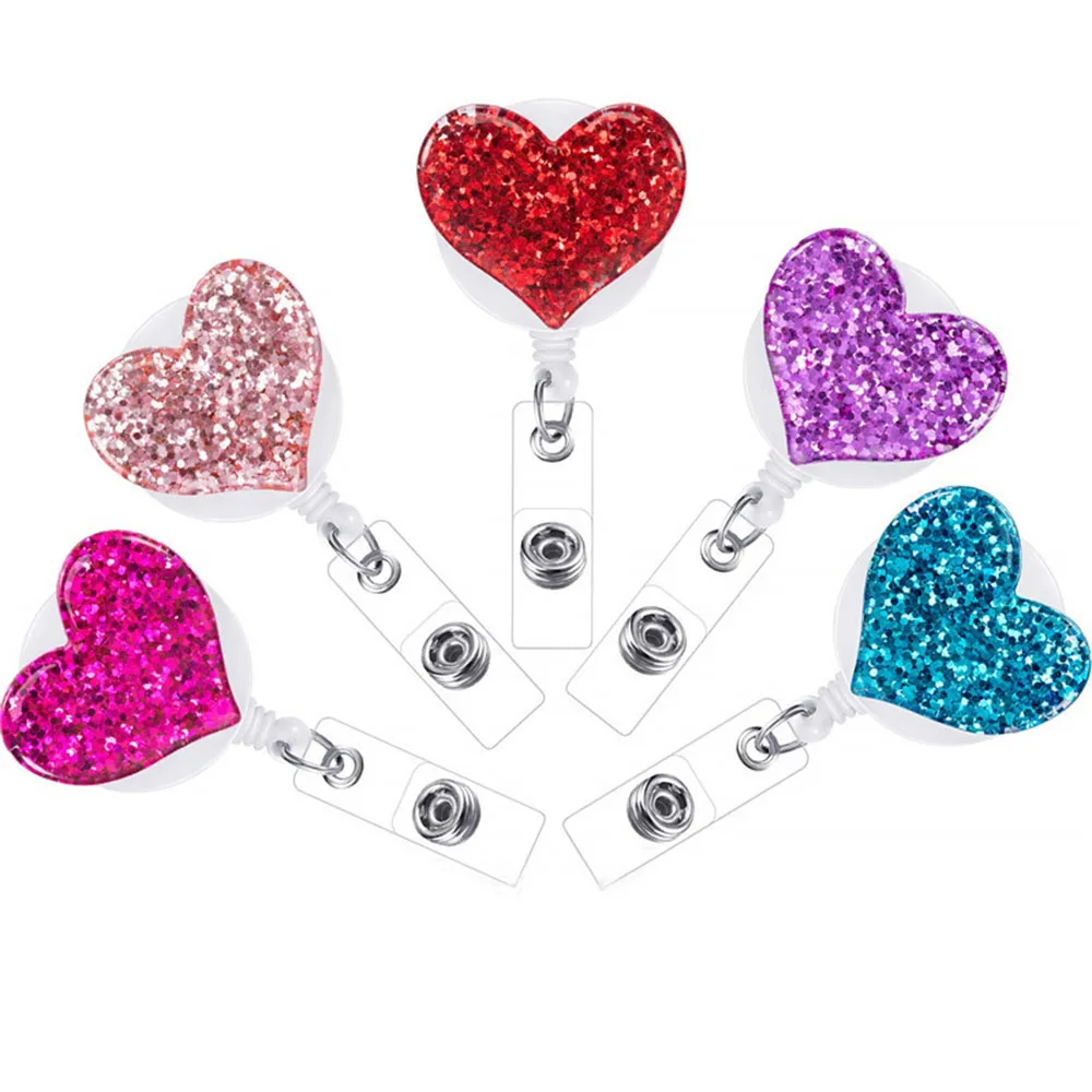 

Hot Sale 1 Piece Retractable Nurse Badge Reel Clip Fashion Rhinestone Love Heart Series Students IC ID Card Badge Holder