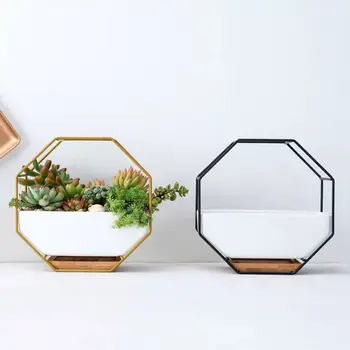 

Minimalist Octagonal Geometric Wall Hanging Table Succulents Ceramic Flower Pot Bamboo Tray Iron Frame Set Crafts Gifts