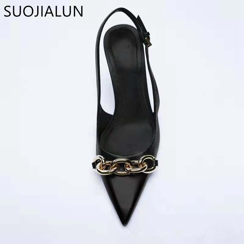 SUOJIALUN New Spring Fashion Crystal Buckle Sandals Women Thick High Heels Pointed Toe Slingback Shoes Elegant Slip On Mule