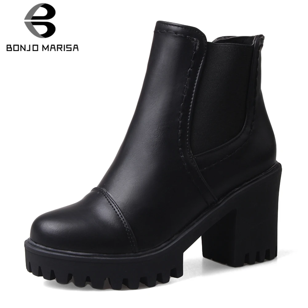 

BONJOMARISA Large Size 34-43 Elegant Lady High Heels Ankle Boots Women 2020 Autumn Winter Chunky Heel Platform Shoes Woman