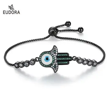

Eudora Paved Zircon Hamsa Bracelet Blue green purple 3 Color Charm Bracelet Hand of Fatima Adjustable Bracelet Women new jewelry