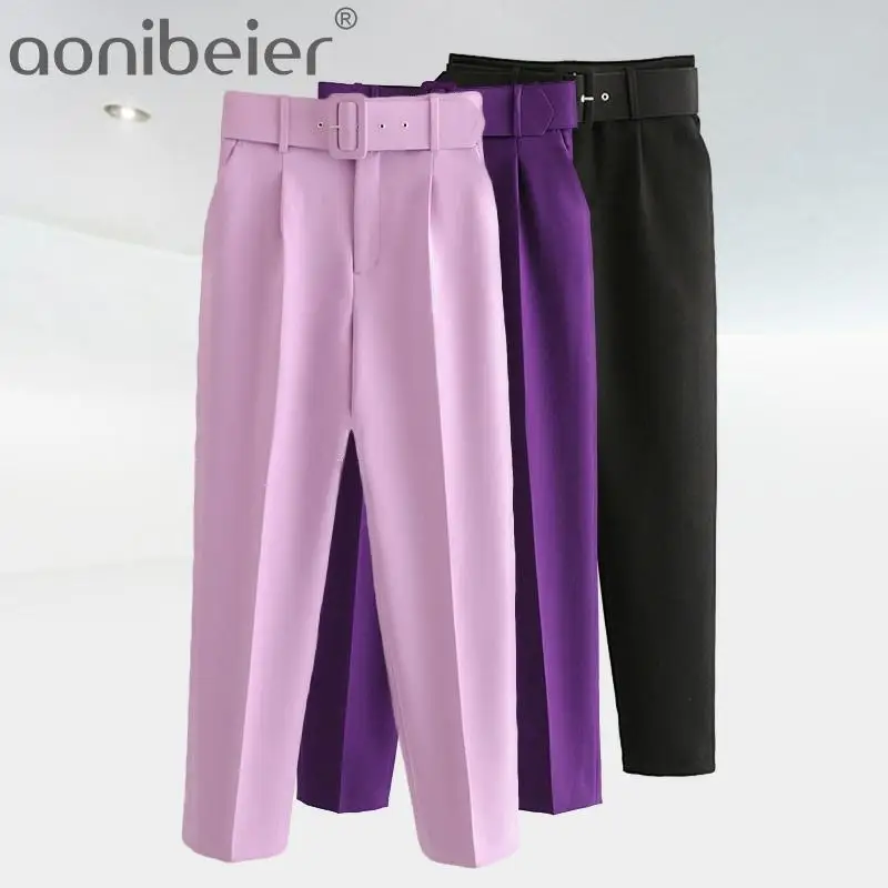 Aonibeier elegante carrera pantalón Oficina dama Pantalones rectos de cintura alta cinturón Casual de la longitud del tobillo de las mujeres traje de pantalones bolsillos Sashes