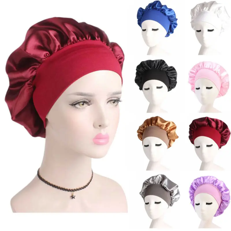 58cm Adjust Women's Satin Solid Wide-brimmed Sleeping Hat Night Sleep Cap Hair Care Bonnet Nightcap For Women Men Unisex Cap (8)