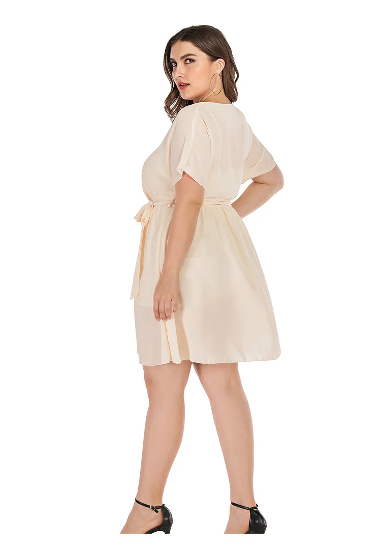 Летнее платье размера плюс для женщин, большие свободные повседневные платья с коротким рукавом и v-образным вырезом, плиссированные платья с поясом абрикосового цвета 4XL 5XL 6XL 7XL