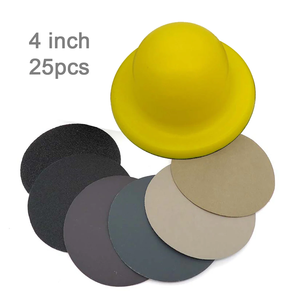 

New Sanding Kit 4 inch hand sanding block Round Sander + Sanding Disc 25pcs set Sandpaper Hook Loop polishing tools