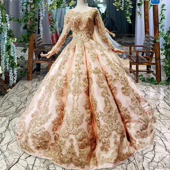 

BGW 2138ht Golden Lace Muslim Evening Dresses Floor Length O-neck Full Sleeves Lace Up Back Party Dress Swollen Abiye Elbiseler