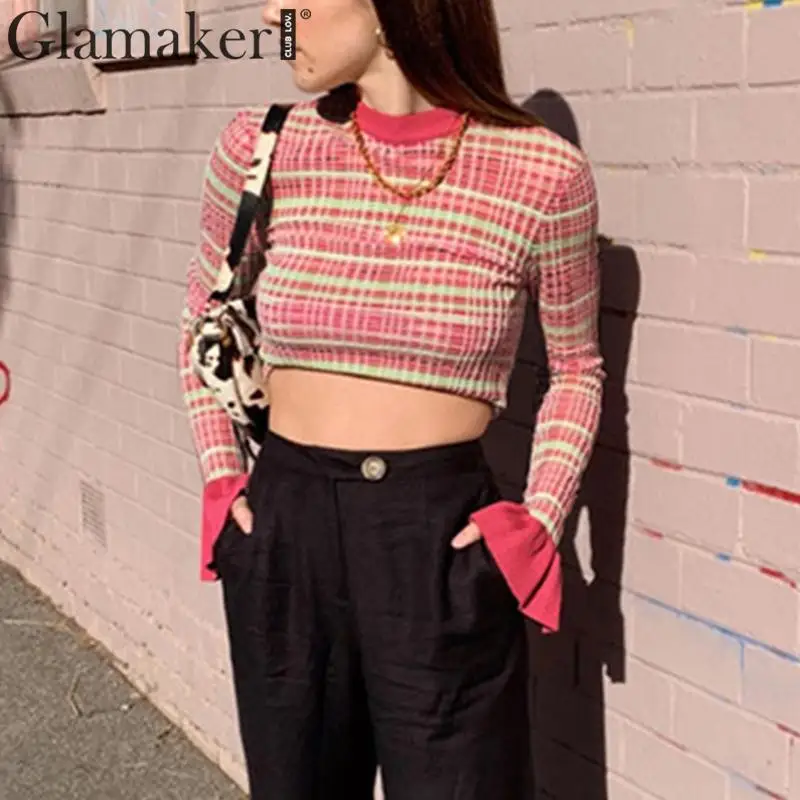 Glamaker, клетчатая, с круглым вырезом, короткая футболка, женская, с длинным Расклешенным рукавом, в стиле пэчворк, с рюшами, элегантная, женская, на осень и зиму, вечерние, Сексуальная рубашка
