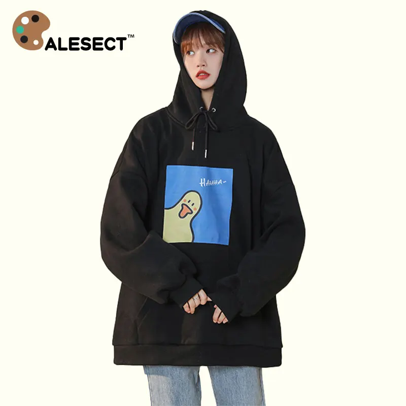 

CALESECT Duck Hoodies Oversized Cute Cartoon Hood 2022 Women Sweatshirt Streetwear Kawaii Harajuku Pullover Men Unisex Hoodie