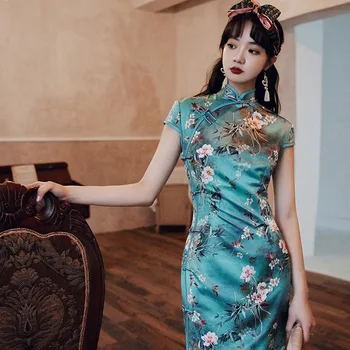 

Sexy Blue Print Lady High Split Cheongsam Vintage Mandarin Collar Chinese Women Dress Big Size Vestidso Long Evening Party Gown