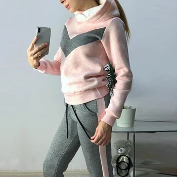 

2019 Autumn Warm Trasksuit Sets Women Fleece Patchwork Hooded Pullover+ Sweatpants 2 Pcs Sporting Sets Hoodies Sweatshirt Sets