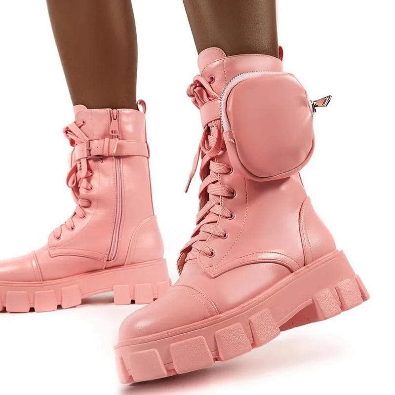 

2020 Autumn Winter Bootie Pocket Buckle Strap Pink Chunky Sole Pouch Ankle Boots Shiny Leather Patchwork Arrival Platform Boots