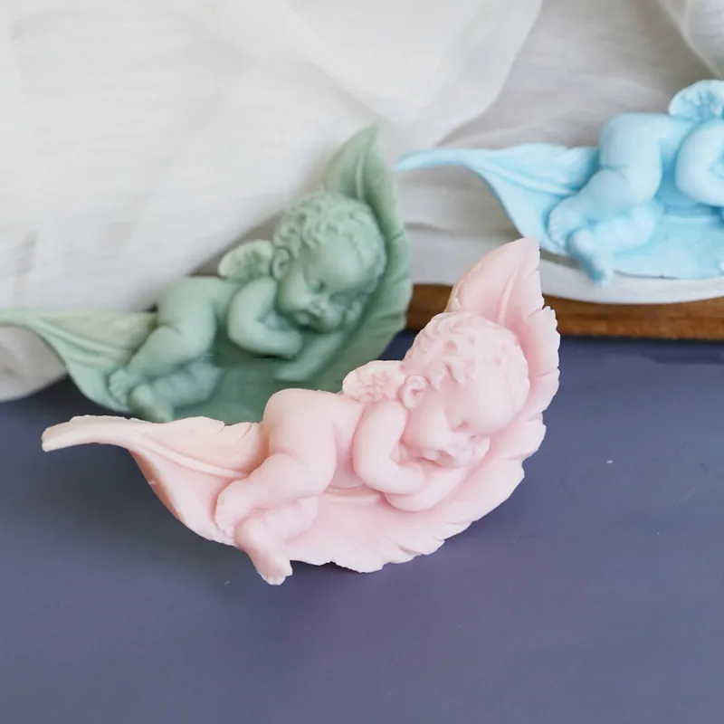 Silicone Mold Sleep Baby on Feather Soap Angle Candle Mold DIY Amora Gypsum Plaster For Car Decoration