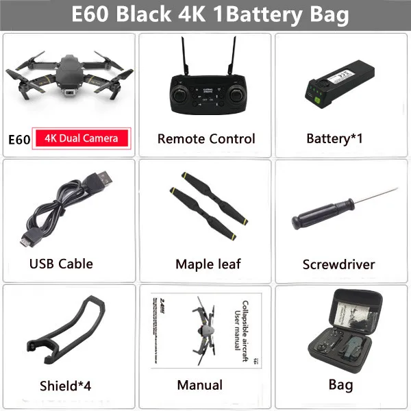 Дрон E60 RC с 4K HD камерой FPV Wi-Fi функция удержания высоты Selife Дрон складной Квадрокоптер Vs E58 E520 SG106 M69 дроны - Цвет: 4K Black 1B Bag