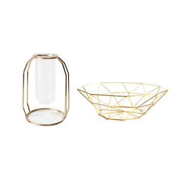 

Glass Cuvette Vase Modern Gold Plated Iron Flower Vase(Short) & Chic Metal Table Storage Basket Minimalist Scandinavian