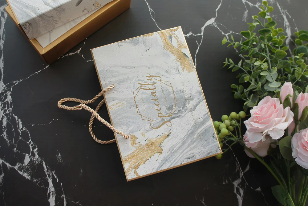 18.5*11*4.7cm 3set Gold White Marble Especially Design Paper Box+ Bag As Birthday Wedding Party Gift Packaging Use