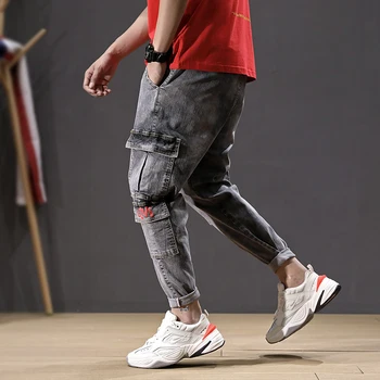 

Spring Summer Fashion Men Jeans Loose Fit Elastic Denim Harem Pants Multi Pockets Streetwear Hip Hop Jeans Men Cargo Pants Homme