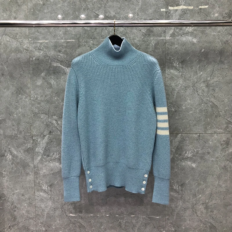 TB THOM Sweater Autunm Winter Sweaters Male Fashion Brand Men's Clothing Wool 4-Bar Stripe Turtleneck Knit Blue TB Sweaters