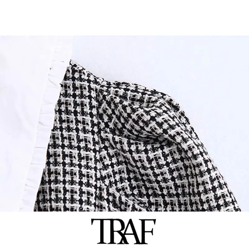 TRAF, женские винтажные милые короткие стильные клетчатые твидовые блузки, модные женские рубашки с отложным воротником и коротким рукавом, шикарный укороченный топ