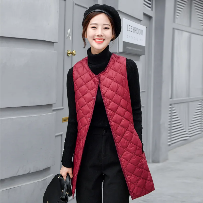 

Womens Duck Down Vests Light Thin 2019 New Autumn Winter Female Warm Waistcoat Medium Long O-neck Slim Style Female Casual Coats