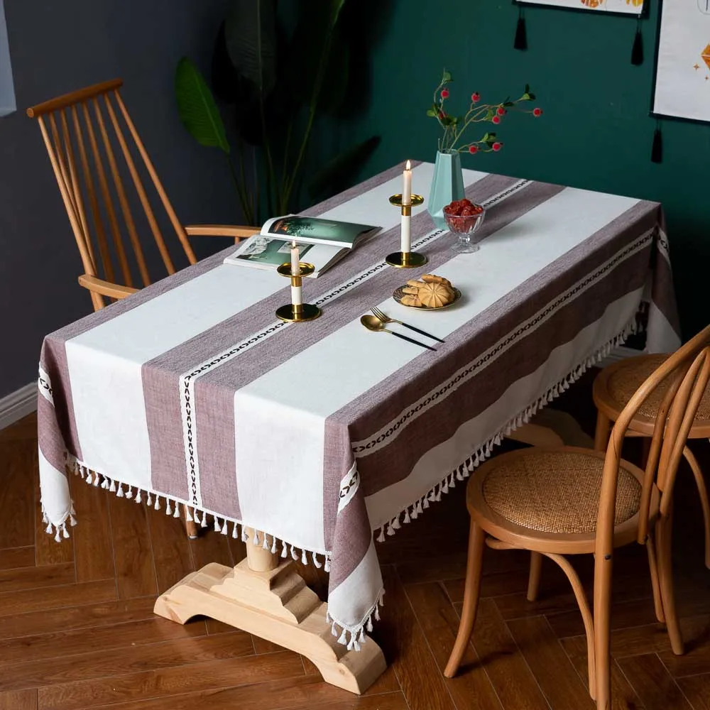 Large Linen Tablecloth kitchen Tassel Embroidery Multi Color Decorative OilProof Thick Rectangular Table Cover Tea Table Cloth