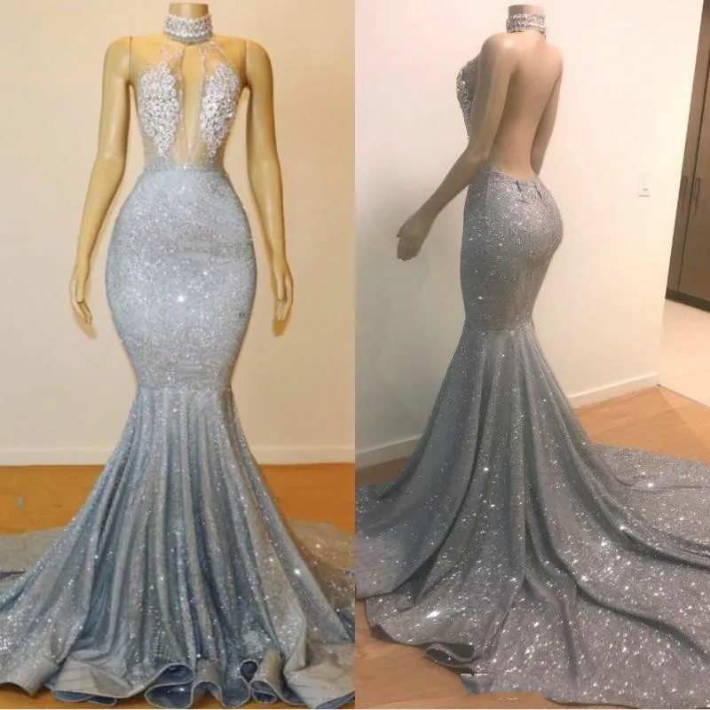 BacklakeGirls Русалка сексуальные Hign шеи вечерние платья без рукавов с коротким шлейфом женское вечернее платье