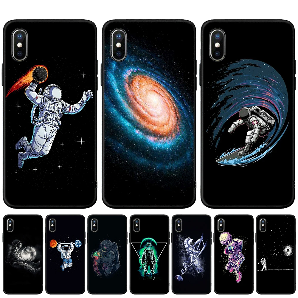 Чехол с Луной черными звездами космосом астронавтом для iPhone X XR XS Max мягкий