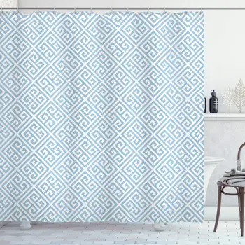 

Greek Key Shower Curtain, Geometrical Maze Pattern Design with Hellenistic Origins in Pale Blue Tone, Cloth Fabric Bathroom