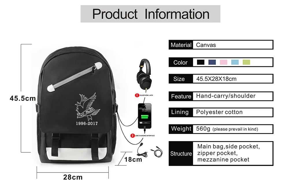 Сумки lil peep Rugzak met Usb-poort Opladen en Lock& Hoofdtelefoon interface Student Werk tas schooltas tas