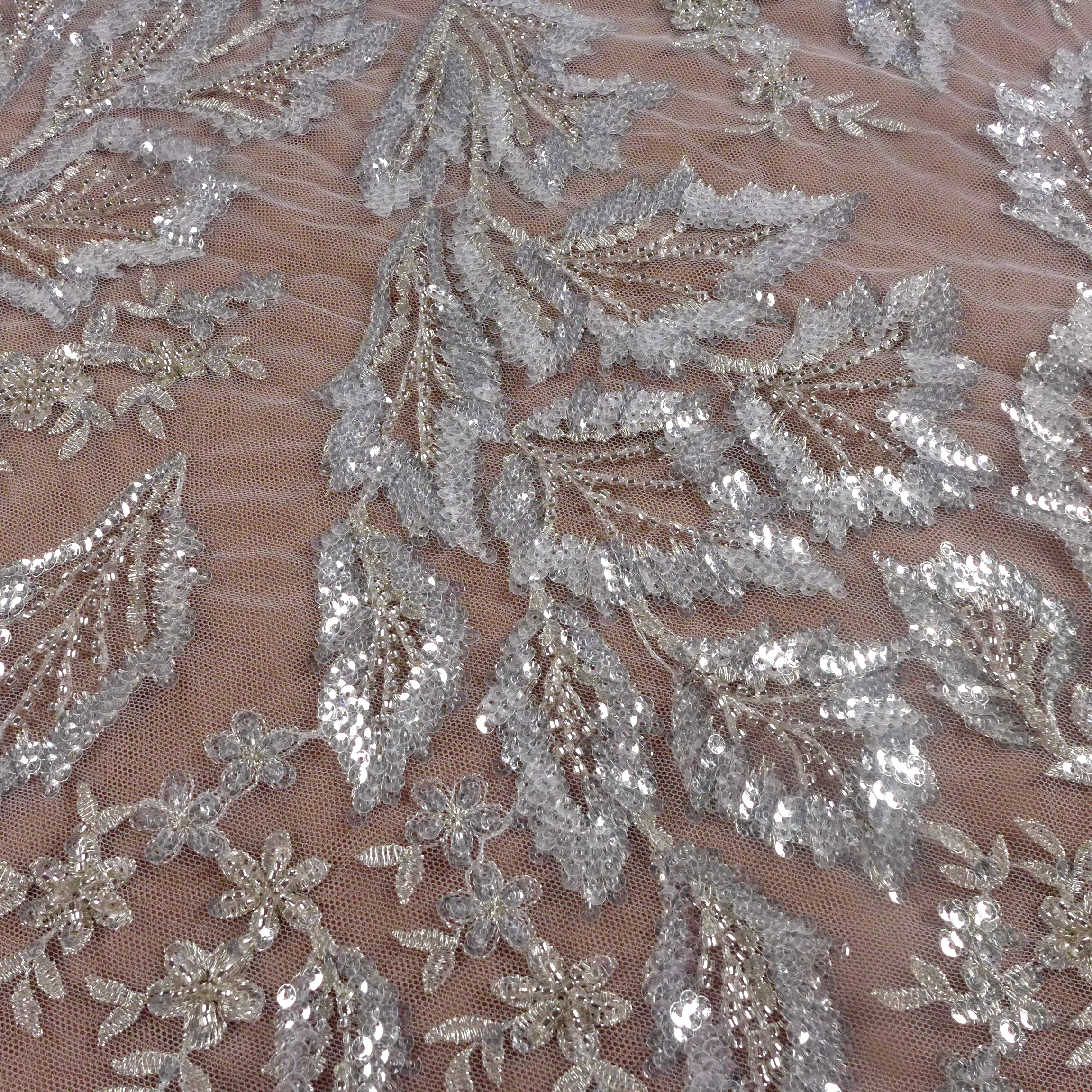 White beaded lace fabric Clearance