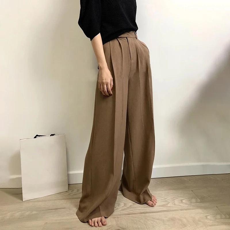 CHICEVER Korean Style Solid Women's Wide Leg Pants High Waist Ruched Maxi Pants Female Autumn Fashion Casual Clothing New