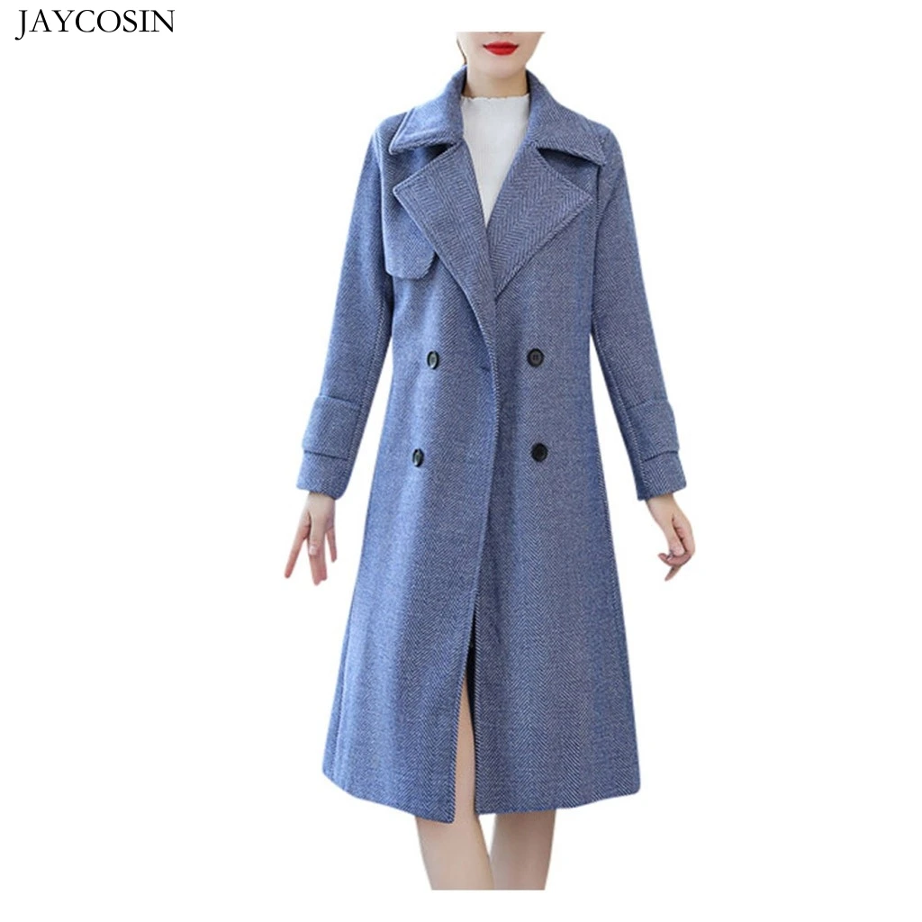 JAYCOSIN шерстяное пальто, Женское зимнее теплое шерстяное двубортное длинное пальто с отворотом, Тренч, элегантный длинный рукав, Офисная модная куртка