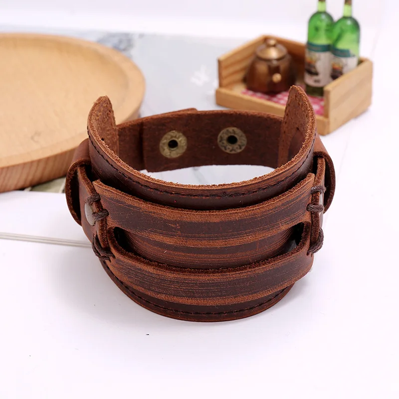 ZORCVENS New Fashion Men Wide Genuine Leather Bracelet Brown Wide Cuff Bracelets & Bangles Vintage Punk Wristband Men Jewelry