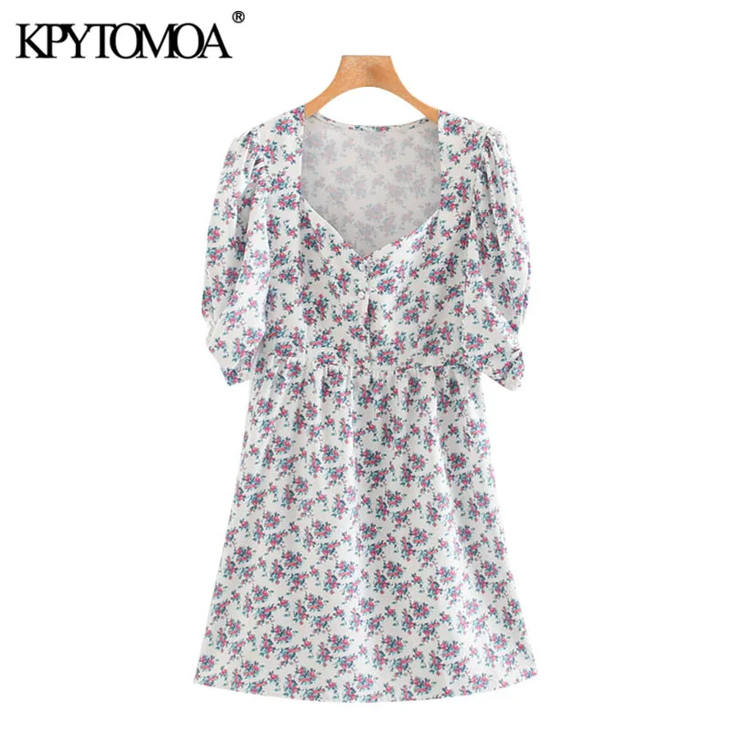 KPYTOMOA Women 2020 Chic Fashion Floral Print Buttons Mini Dress Vintage V Neck Short Sleeve Female Dresses Vestidos Mujer KPYTOMOA Women 2020 Chic Fashion Floral Print Buttons Mini Dress Vintage V Neck Short Sleeve Female Dresses Vestidos Mujer