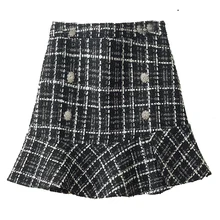 Женская мини-юбка в клетку с кристаллами и пуговицами в Корейском стиле с высокой талией, шерстяная короткая женская юбка с оборками Jupe S-XL