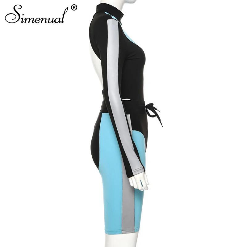 Simenual женская спортивная неоновая Лоскутная Одежда с открытой спиной Модный комплект из 2 предметов боди с длинным рукавом и байкерские шорты