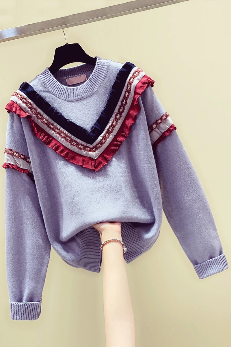 Осенне-зимний вязаный свитер, соединяющий листья лотоса, свободные воланы, милый модный свитер, женский свитер, джемперы