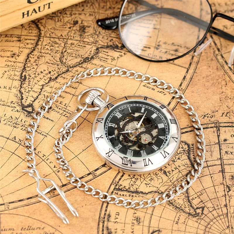 Bronze/Silver/Black Carving Roman Numerals Design Mechanical Hand-Winding Pocket Watch for Men Women Pendant Chain Clock Gift