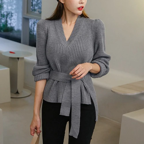Neploe Pull Femme с v-образным вырезом комбинезон для новорожденных с длинными рукавами свитер с завязками Джемперы Для Женщин Осенние элегантные тонкие вязанные пуловеры, 54756 - Цвет: gray