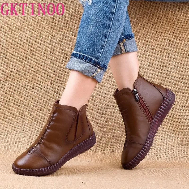 Botas de Tornozelo de Couro Gktinoo Inverno Genuíno Artesanal Senhora Macio Sapatos Planos Confortáveis Mocassins Casuais Lado Zip Tornozelo Botas 2020
