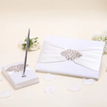 

Elegant Rhinestones Bow White Color Wedding Guestbook & Pen Set