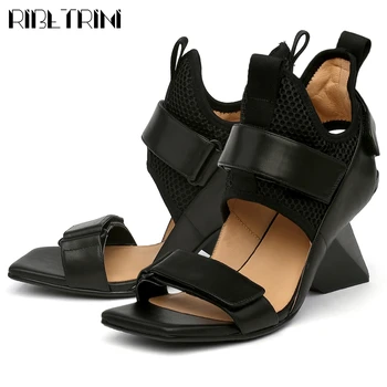 

RIBETRINI Novelty Female Open Toe Hook Loop Style Stange Genuine Leather Shoes Fashion Women Sandals 2020 Solid Sandals