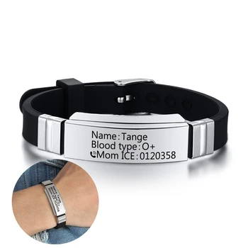 

Personalized Custom Silicone Sport Medical Alert Bracelets Kids Men Stainless Steel Adjustable Wristband Emergency Jewelry