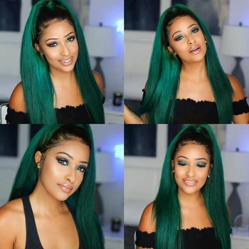

Half Hand Tied Lace Front Wigs Heat Resistant Straight Synthetic Lace Front Wig Glueless Green Color Ombre Wigs For Women