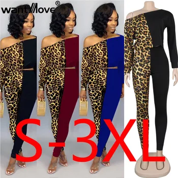 

2019 New club women pants 2 piece outfits S-3XL Wantmove sexy off shoulder leopard print solid splice long sleeve top WM1095